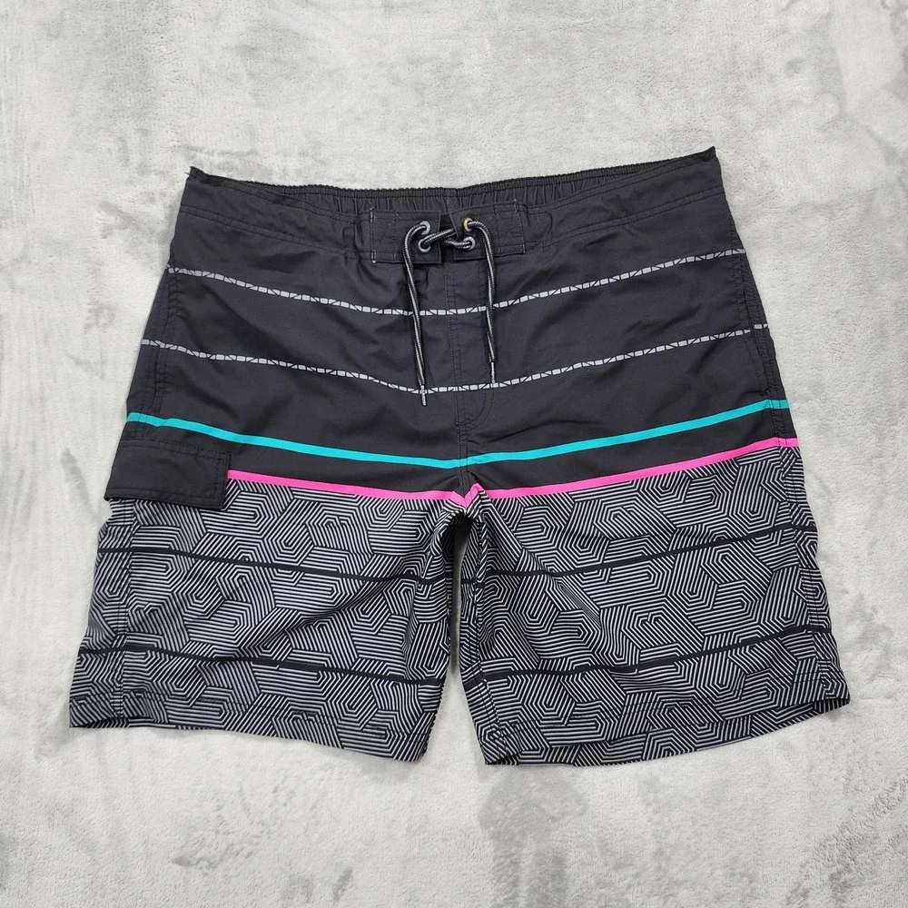 George Swim Trunks Mens XL Black Geometric Lined Drawstring Stretch Beach Summer